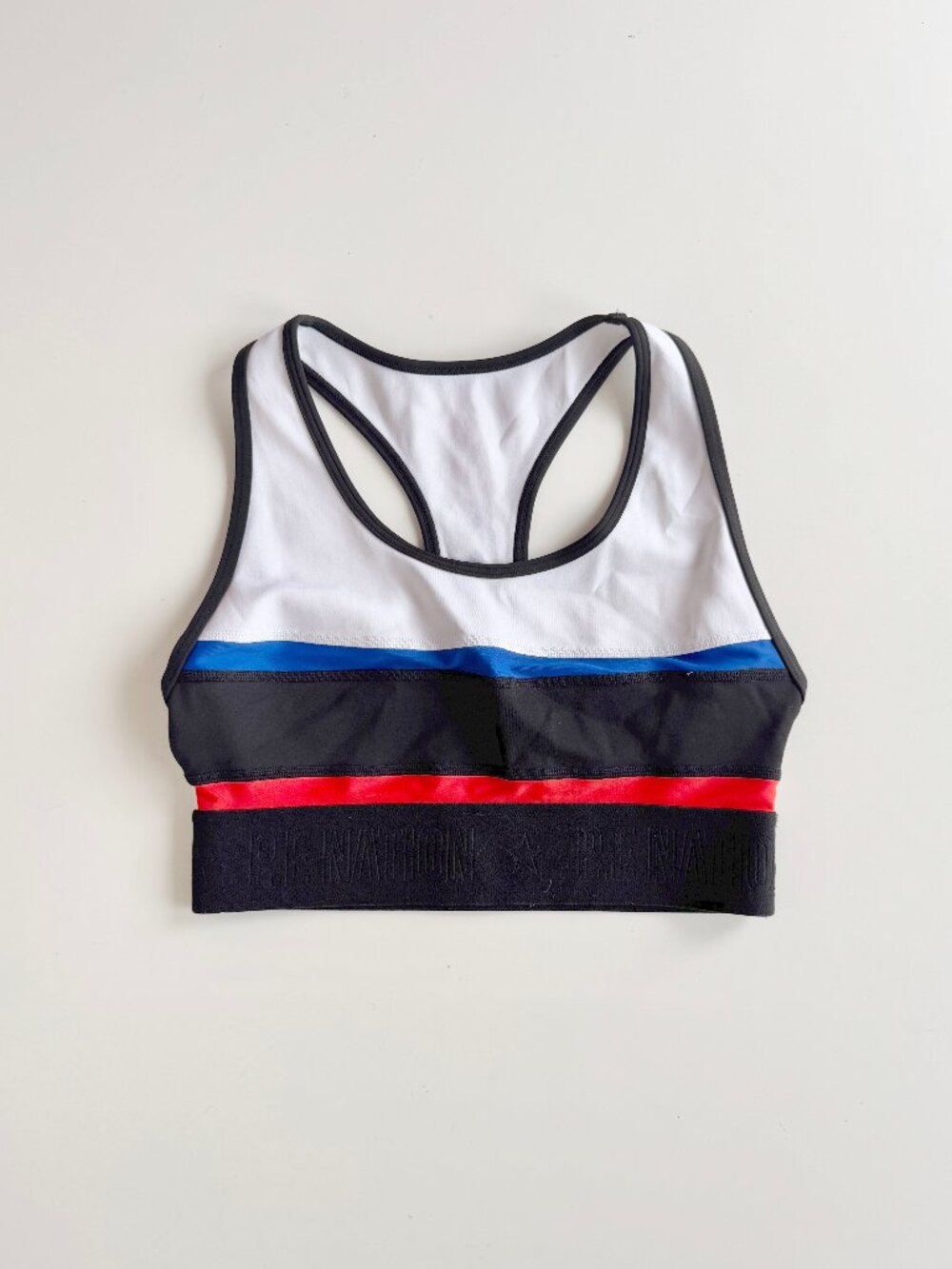P.E NATION White Black Blue Red Colorblock Striped Logo Sports Bra Top, Size XS